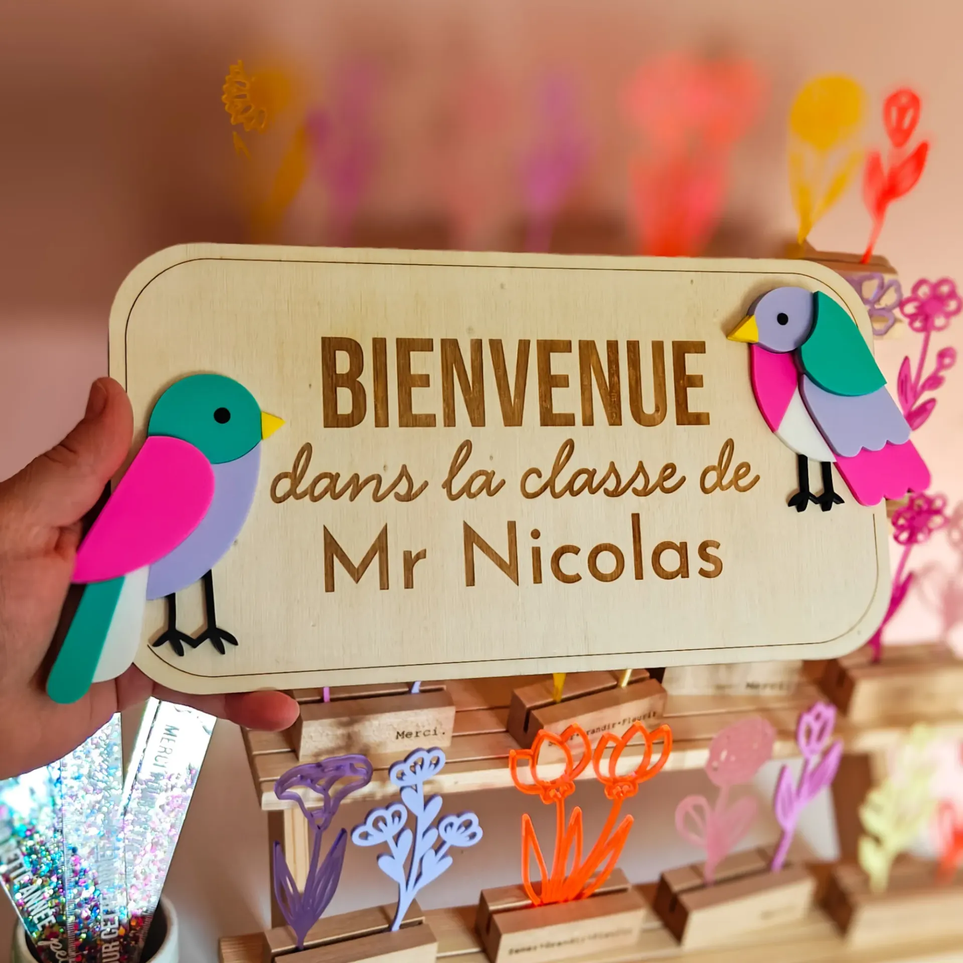Pancarte de classe | oiseaux turquoise-violet-mauve fluo